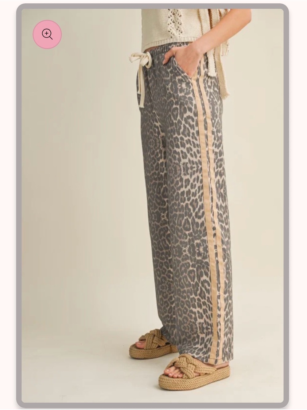 LovLov Leopard Print Wide Leg Lounge Pants with Tan Side Stripe